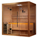 Angled from the left, Golden Designs Forssa 3-4 Person Traditional Sauna shows a glass side panel, the guarded stove and backrest boards inside