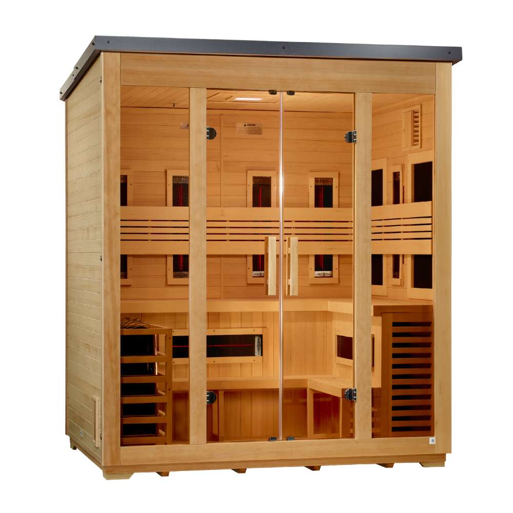 Angled from the left, Golden Designs Gargellen 5 Person Hybrid Flat Roof Outdoor Sauna shows its light wood side wall, dark flat roof and wood-framed glass double doors