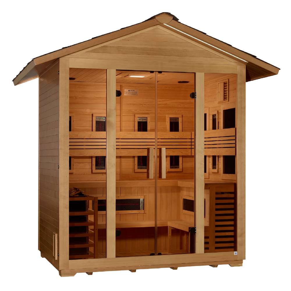 Angled from the left, Golden Designs Gargellen 5 Person Hybrid Outdoor Sauna shows its hemlock side wall, shingled roof and glass front
