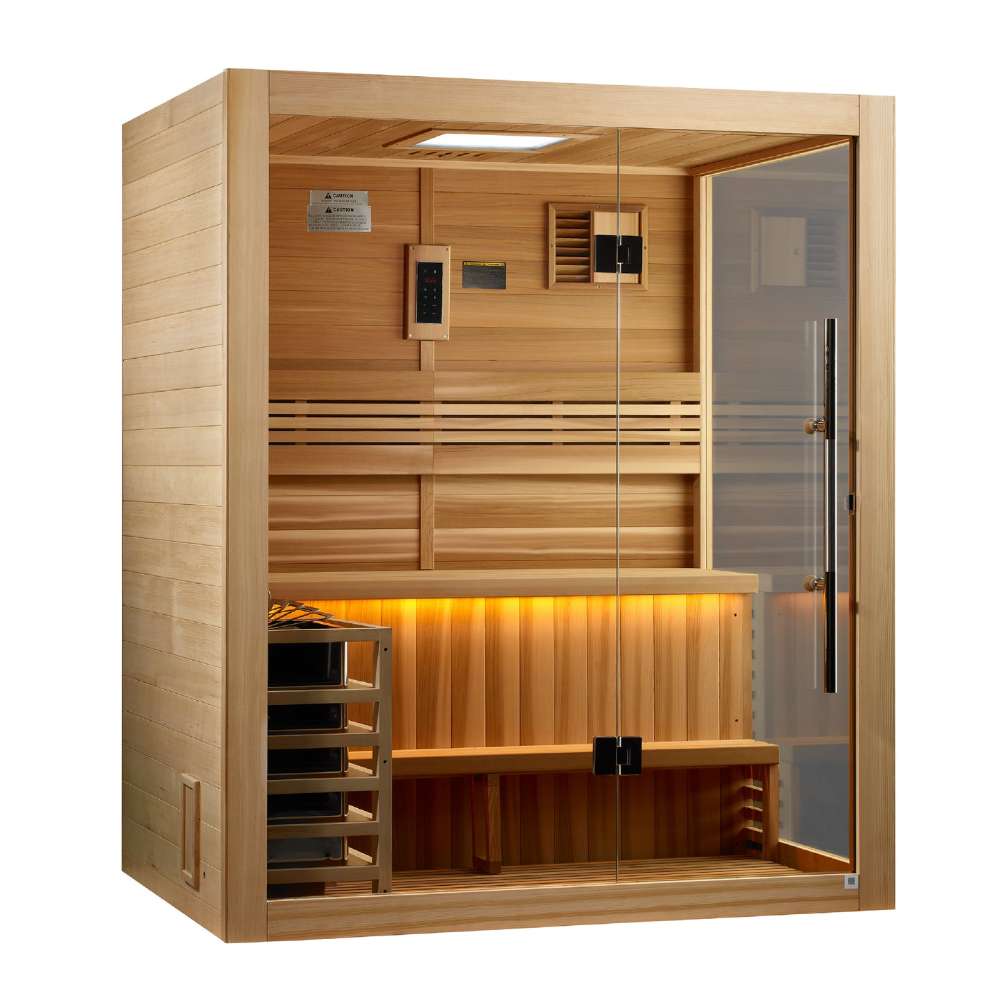 Angled from the left, Golden Designs Hanko 2-3 Person Traditional Sauna shows its cedar side wall, glass door with a tall black handle and lit bench inside