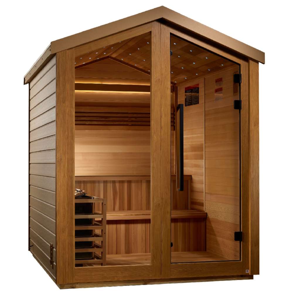 Angled from the left, Golden Designs Kaarina 6 Person Barn Outdoor Traditional Sauna shows its cedar side wall, gable roof and glass front
