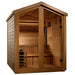 Angled from the left, Golden Designs Kaarina 6 Person Barn Outdoor Traditional Sauna shows its cedar side wall, gable roof and glass front