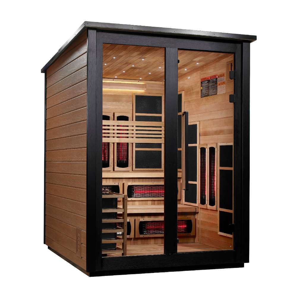 Angled from the left, Golden Designs Kaskinen 6 Person 2 Tone Barn Hybrid Outdoor Sauna shows its cedar side wall, black frame and glass doors