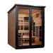 Angled from the left, Golden Designs Kaskinen 6 Person 2 Tone Barn Hybrid Outdoor Sauna shows its cedar side wall, black frame and glass doors