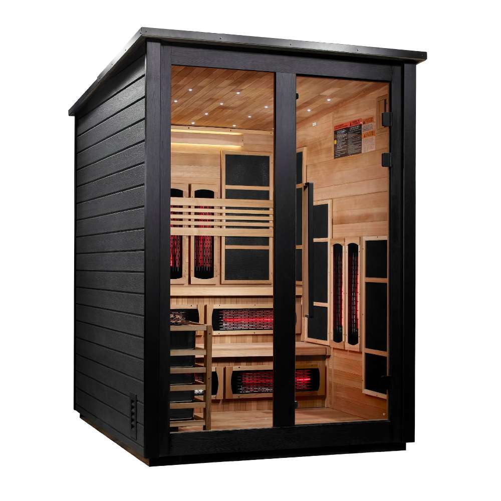 Angled from the left, Golden Designs Kaskinen 6 Person Black Barn Hybrid Outdoor Sauna shows its black slatted side wall, sloped roof and glass doors