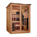 Angled from the left, Golden Designs Kaskinen 6 Person Pacific Cedar Barn Hybrid Outdoor Sauna shows its cedar side wall, dark roof edge and glass doors
