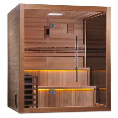 Angled from the left, Golden Designs Kuusamo 6 Person Traditional Sauna shows its cedar side wall, glass front and warm light glowing under the benches