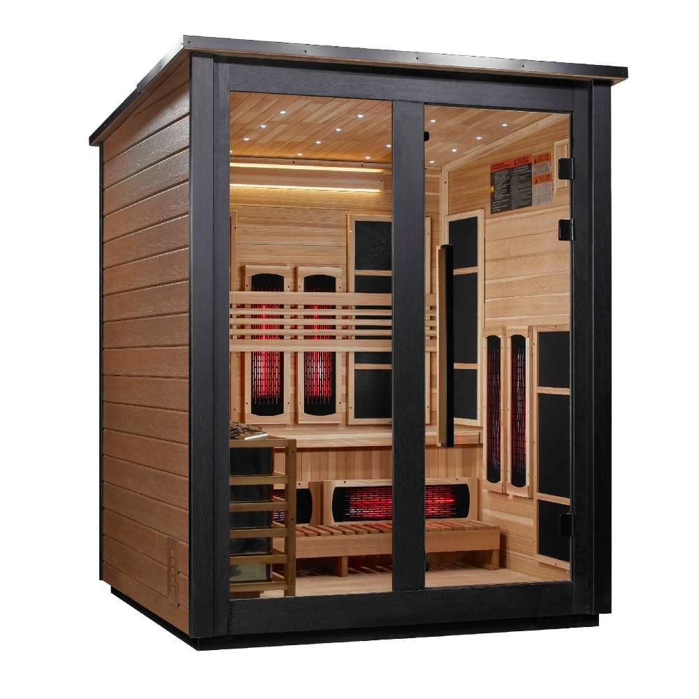 Angled from the left, Golden Designs Loviisa 3 Person 2 Tone Barn Hybrid Outdoor Sauna shows its cedar side wall, black frame and glass doors