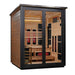 Angled from the left, Golden Designs Loviisa 3 Person 2 Tone Barn Hybrid Outdoor Sauna shows its cedar side wall, black frame and glass doors