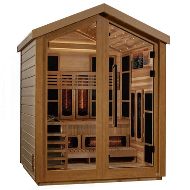 Angled from the left, Golden Designs Loviisa 3 Person Barn Hybrid Outdoor Sauna shows its cedar side wall, glass front and infrared panels inside