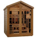 Angled from the left, Golden Designs Loviisa 3 Person Barn Hybrid Outdoor Sauna shows its cedar side wall, glass front and infrared panels inside