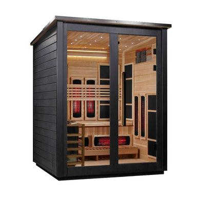 Angled from the left, Golden Designs Loviisa 3 Person Black Barn Hybrid Outdoor Sauna shows its black slatted side wall, sloped roof and glass doors