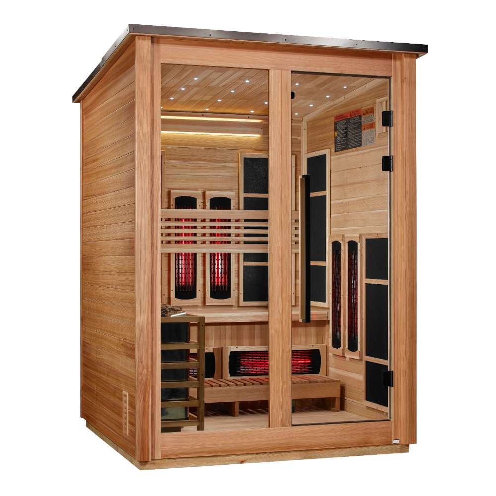 Angled from the left, Golden Designs Loviisa 3 Person Pacific Cedar Barn Hybrid Outdoor Sauna shows its cedar side wall, dark roof edge and glass doors