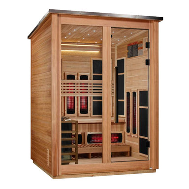 Angled from the left, Golden Designs Loviisa 3 Person Pacific Cedar Barn Hybrid Outdoor Sauna shows its cedar side wall, dark roof edge and glass doors