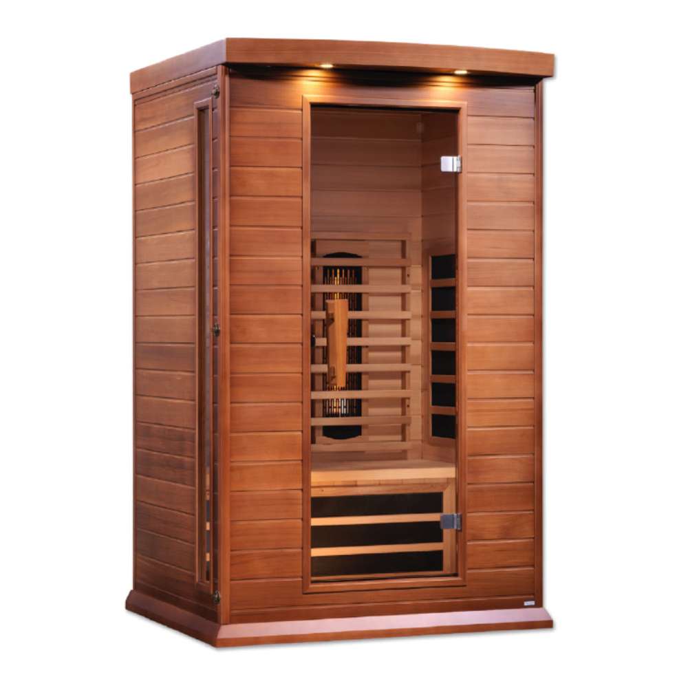 Angled from the left, Golden Designs Maxxus 2 Person Full Spectrum Infrared Sauna in Red Cedar shows its red cedar side wall, bronze glass door and roof accent lights
