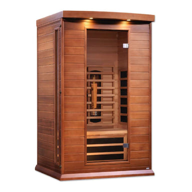Angled from the left, Golden Designs Maxxus 2 Person Full Spectrum Infrared Sauna in Red Cedar shows its red cedar side wall, bronze glass door and roof accent lights