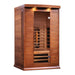 Angled from the left, Golden Designs Maxxus 2 Person Full Spectrum Infrared Sauna in Red Cedar shows its red cedar side wall, bronze glass door and roof accent lights