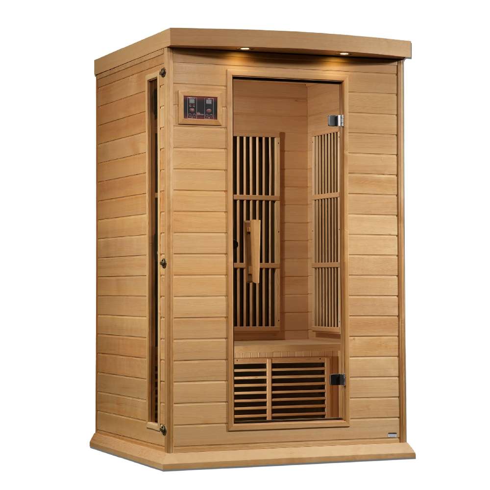 Angled from the left, Golden Designs Maxxus 2 Person Near Zero EMF Far Infrared Sauna in Hemlock shows its hemlock side wall, bronze glass door and exterior control panel