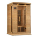 Angled from the left, Golden Designs Maxxus 2 Person Near Zero EMF Far Infrared Sauna in Hemlock shows its hemlock side wall, bronze glass door and exterior control panel