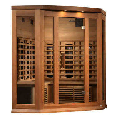 Angled from the left, Golden Designs Maxxus 3 Person Full Spectrum Infrared Corner Sauna in Red Cedar shows its red cedar corner walls, glass door and roof accent lights