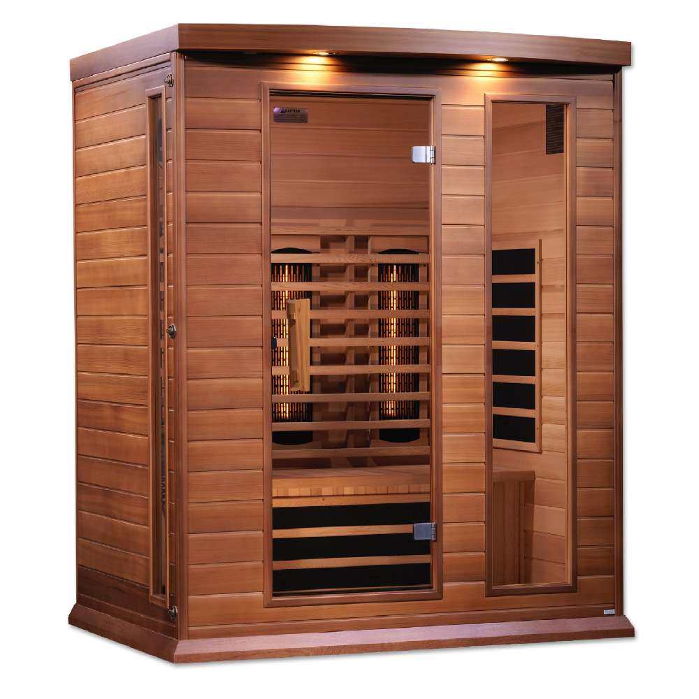 Angled from the left, Golden Designs Maxxus 3 Person Full Spectrum Infrared Sauna in Red Cedar shows its red cedar side wall, bronze glass door and glowing heaters