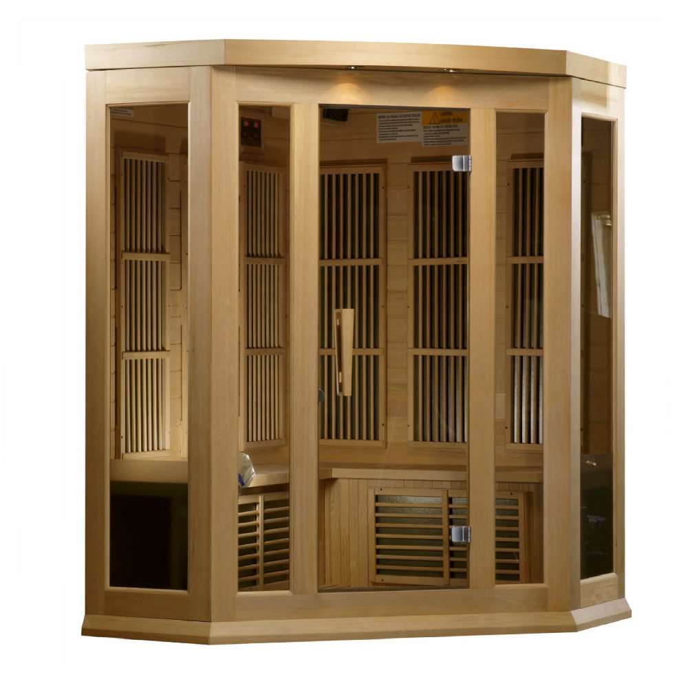 Angled from the left, Golden Designs Maxxus 3 Person Low EMF Far Infrared Corner Sauna in Hemlock shows its corner shape, bronze glass door and side glass panels