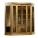 Angled from the left, Golden Designs Maxxus 3 Person Low EMF Far Infrared Corner Sauna in Hemlock shows its corner shape, bronze glass door and side glass panels