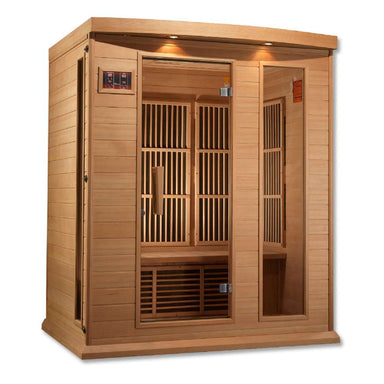 Angled from the left, Golden Designs Maxxus 3 Person Low EMF Far Infrared Sauna in Hemlock shows its hemlock side wall, glass door and exterior control panel