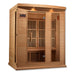 Angled from the left, Golden Designs Maxxus 3 Person Low EMF Far Infrared Sauna in Hemlock shows its hemlock side wall, glass door and exterior control panel