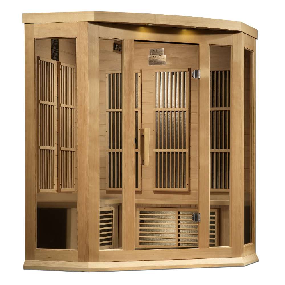 Angled from the left, Golden Designs Maxxus 3 Person Near Zero EMF Far Infrared Corner Sauna in Hemlock shows its hemlock corner walls, glass door and lower heaters