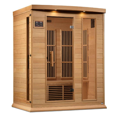 Angled from the left, Golden Designs Maxxus 3 Person Near Zero EMF Far Infrared Sauna in Hemlock shows its hemlock side wall, bronze glass door and exterior control panel