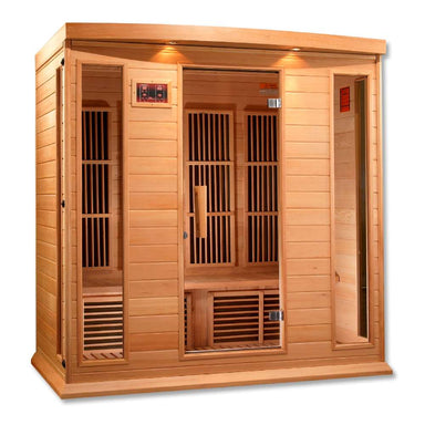 Angled from the left, Golden Designs Maxxus 4 Person Low EMF Far Infrared Sauna in Hemlock shows its hemlock side wall, glass door and exterior control panel