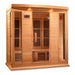 Angled from the left, Golden Designs Maxxus 4 Person Low EMF Far Infrared Sauna in Hemlock shows its hemlock side wall, glass door and exterior control panel