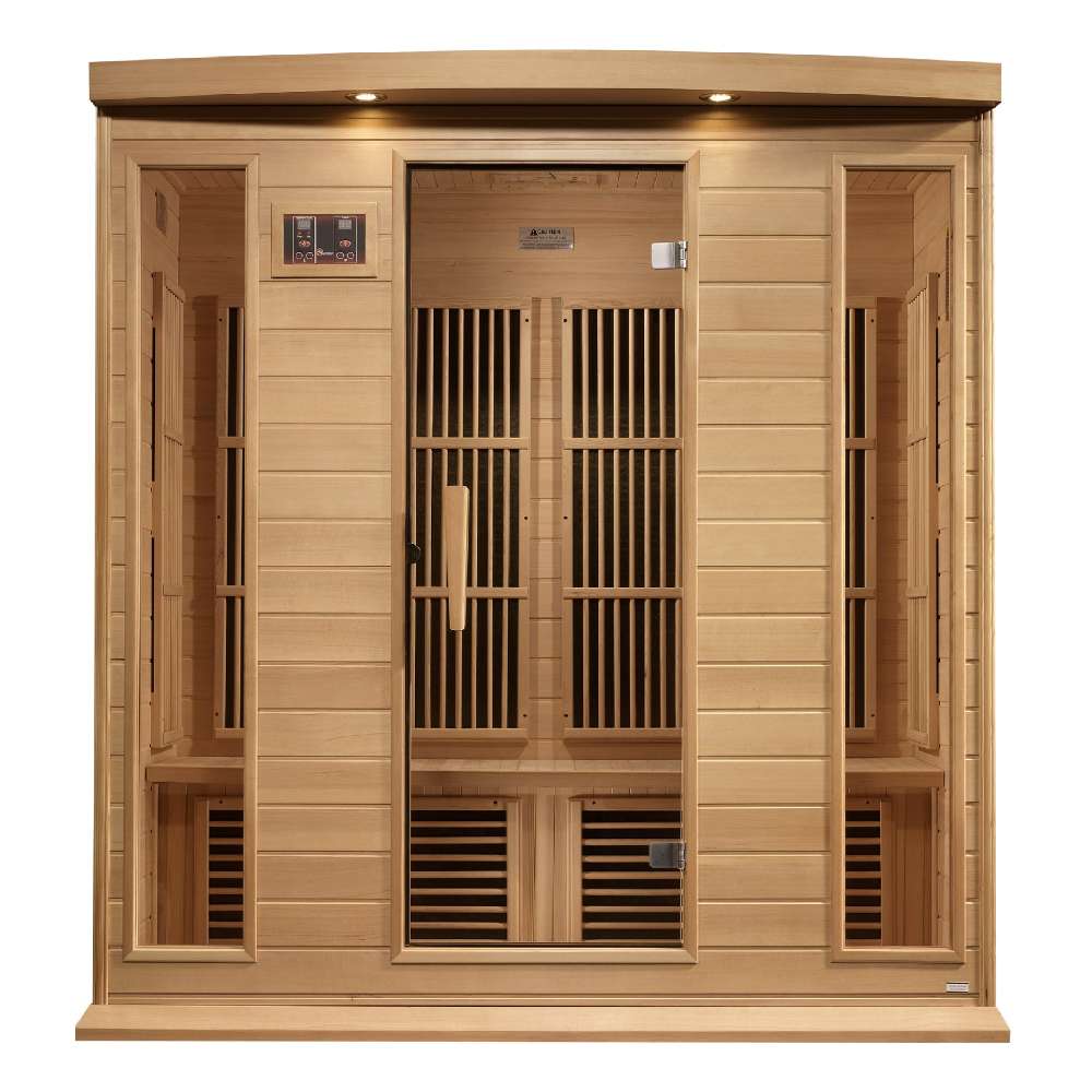 Angled from the left, Golden Designs Maxxus 4 Person Near Zero EMF Far Infrared Sauna in Hemlock shows its hemlock side wall, bronze glass door and exterior control panel