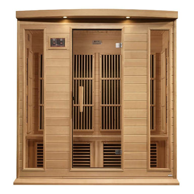 Angled from the left, Golden Designs Maxxus 4 Person Near Zero EMF Far Infrared Sauna in Hemlock shows its hemlock side wall, bronze glass door and exterior control panel