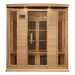 Angled from the left, Golden Designs Maxxus 4 Person Near Zero EMF Far Infrared Sauna in Hemlock shows its hemlock side wall, bronze glass door and exterior control panel