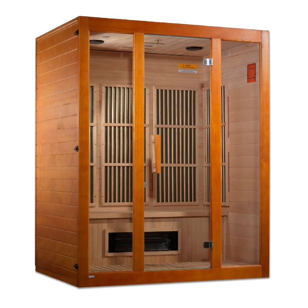 Angled from the left, Golden Designs Maxxus Alpine Dual Tech 3 Person Low EMF Far Infrared Sauna shows its side wall, glass front and carbon panels