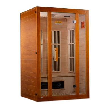 Angled from the left, Golden Designs Maxxus Aspen Dual Tech 2 Person Low EMF Far Infrared Sauna shows its side wall, glass door and carbon panels