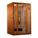 Angled from the left, Golden Designs Maxxus Aspen Dual Tech 2 Person Low EMF Far Infrared Sauna shows its side wall, glass door and carbon panels