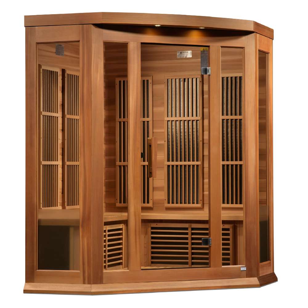 Angled from the left, Golden Designs Maxxus Avignon 3 Person Corner Near Zero EMF Far Infrared Sauna in Red Cedar shows its red cedar corner walls, glass door and lower heaters