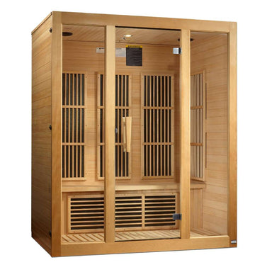 Angled from the left, Golden Designs Maxxus Bellevue 3 Person Low EMF Far Infrared Sauna shows its hemlock side wall, glass door and side carbon panels