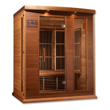 Angled from the left, Golden Designs Maxxus Montilemar 3 Person Near Zero EMF Far Infrared Sauna in Red Cedar shows its red cedar side wall, glass door and exterior control panel