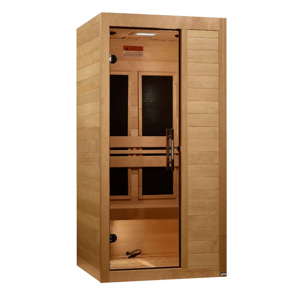 Angled from the left, Golden Designs Maxxus S-Line 1 Person Ultra Low EMF Far Infrared Sauna shows its wood side wall, glass door and solid front panel