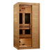 Angled from the left, Golden Designs Maxxus S-Line 1 Person Ultra Low EMF Far Infrared Sauna shows its wood side wall, glass door and solid front panel