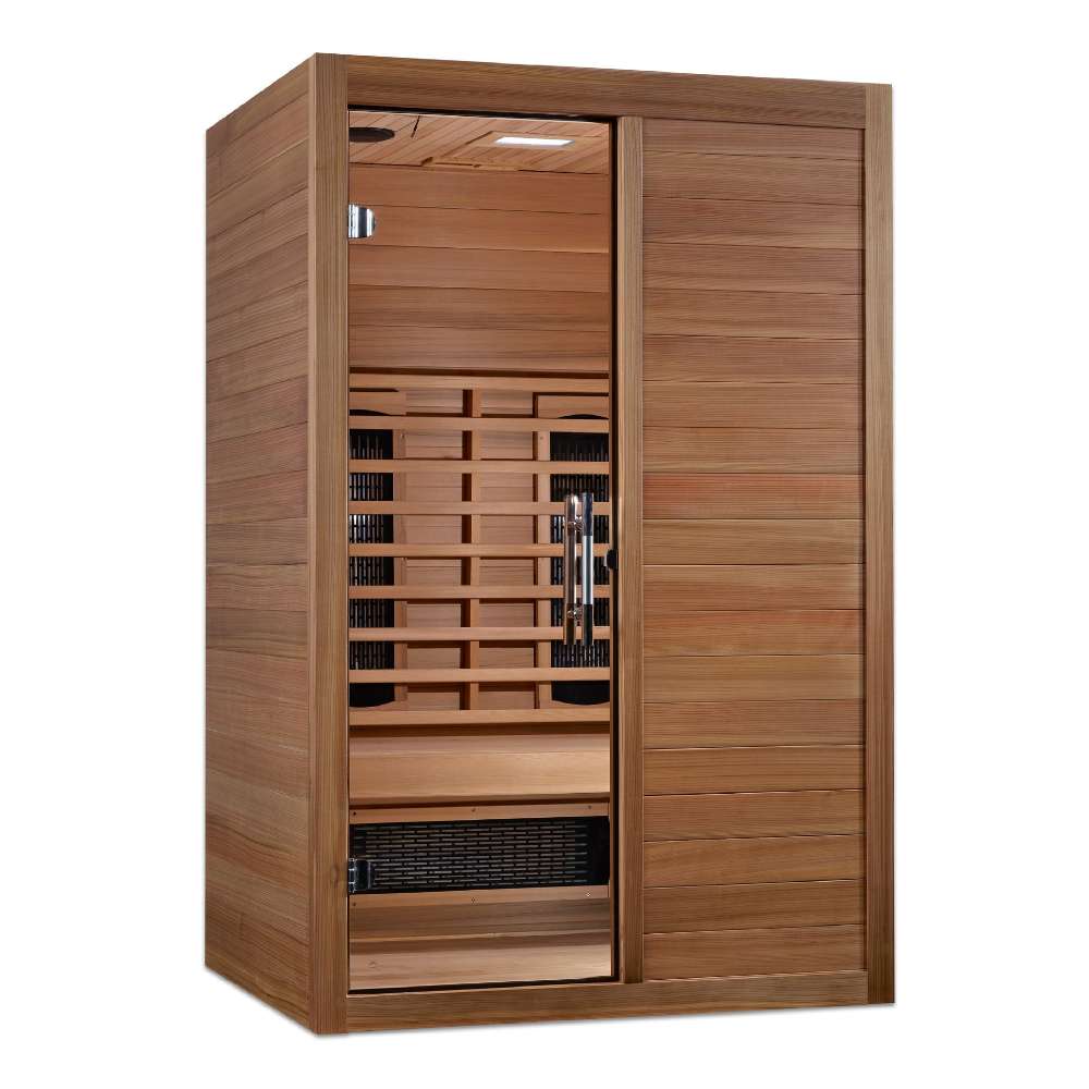 Angled from the left, Golden Designs Maxxus S-Line 2 Person Full Spectrum Infrared Sauna in Pacific Cedar shows its cedar side wall, glass door and solid wood front panel