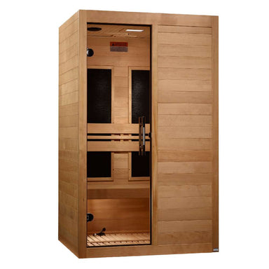 Angled from the left, Golden Designs Maxxus S-Line 2 Person Ultra Low EMF Far Infrared Sauna shows its wood side wall, glass door and solid front panel
