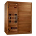 Angled from the left, Golden Designs Maxxus S-Line 3 Person Full Spectrum Infrared Sauna in Pacific Cedar shows its cedar side wall, glass door and solid wood front panel