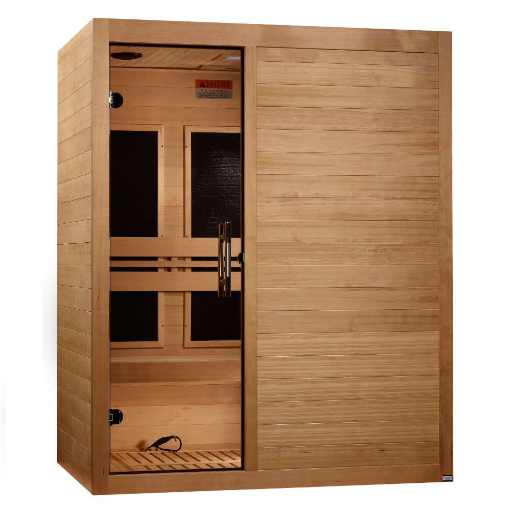 Angled from the left, Golden Designs Maxxus S-Line Elite 3 Person Ultra Low EMF Far Infrared Sauna shows its wood side wall, glass door and solid front panel