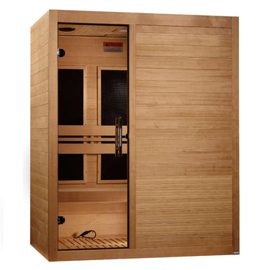 Angled from the left, Golden Designs Maxxus S-Line Elite 3 Person Ultra Low EMF Far Infrared Sauna shows its wood side wall, glass door and solid front panel