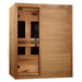 Angled from the left, Golden Designs Maxxus S-Line Elite 3 Person Ultra Low EMF Far Infrared Sauna shows its wood side wall, glass door and solid front panel